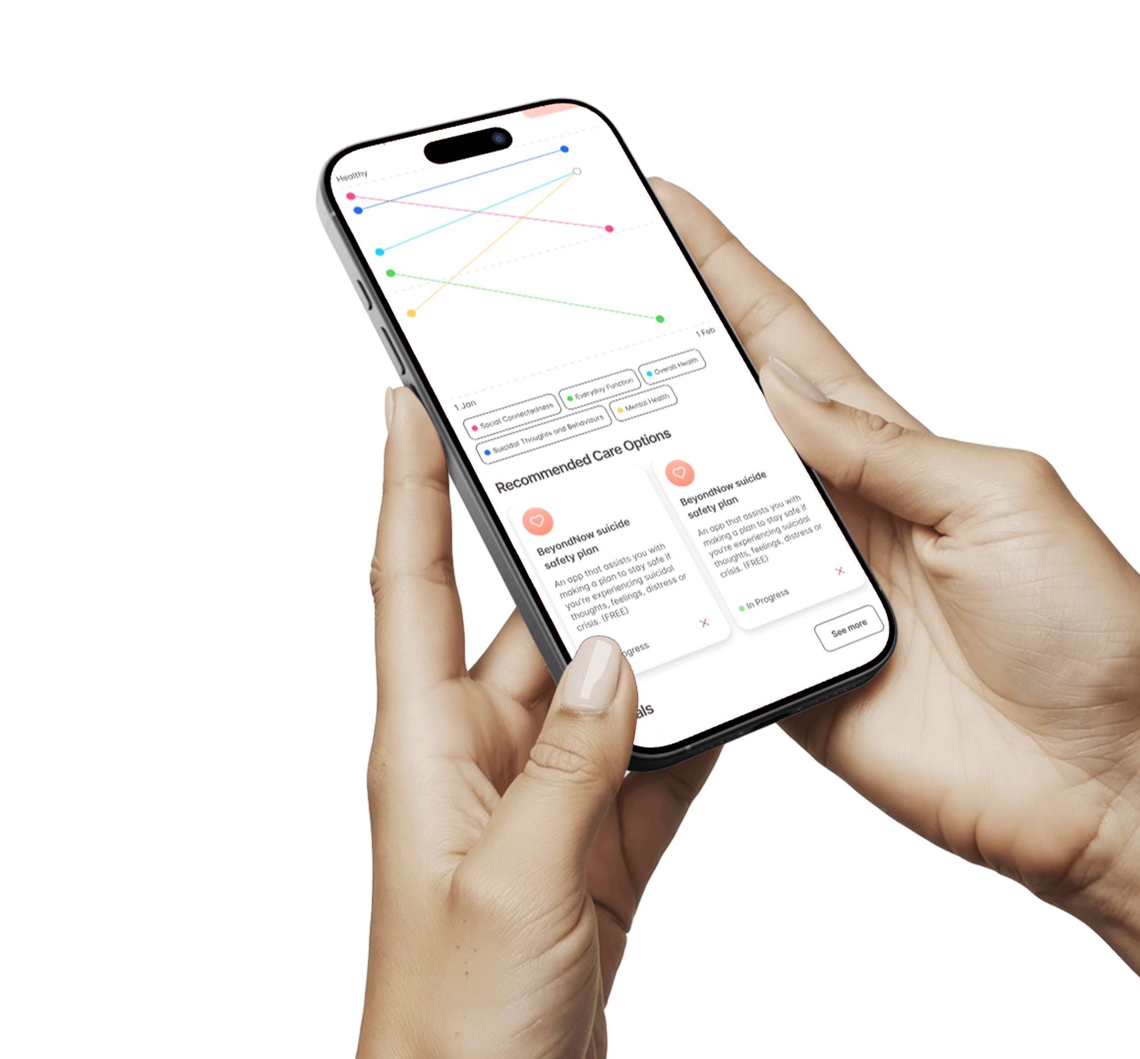 Hands holding an iPhone showing the Innowell app with recommended care options