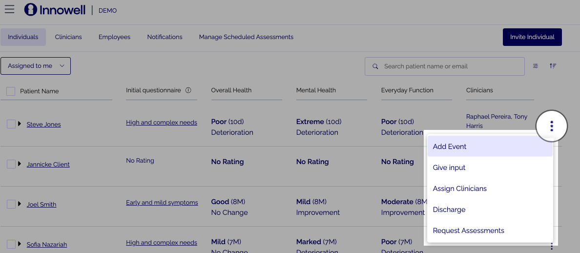 Innowell client row — three-dots quick actions menu
