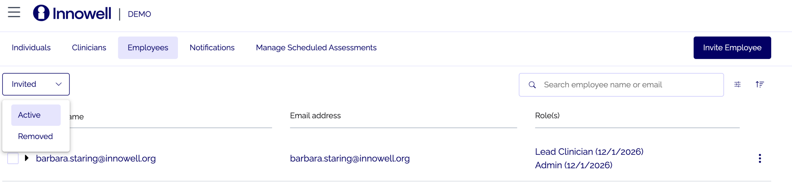 Innowell Employees tab — inviting, resending, and removing staff access