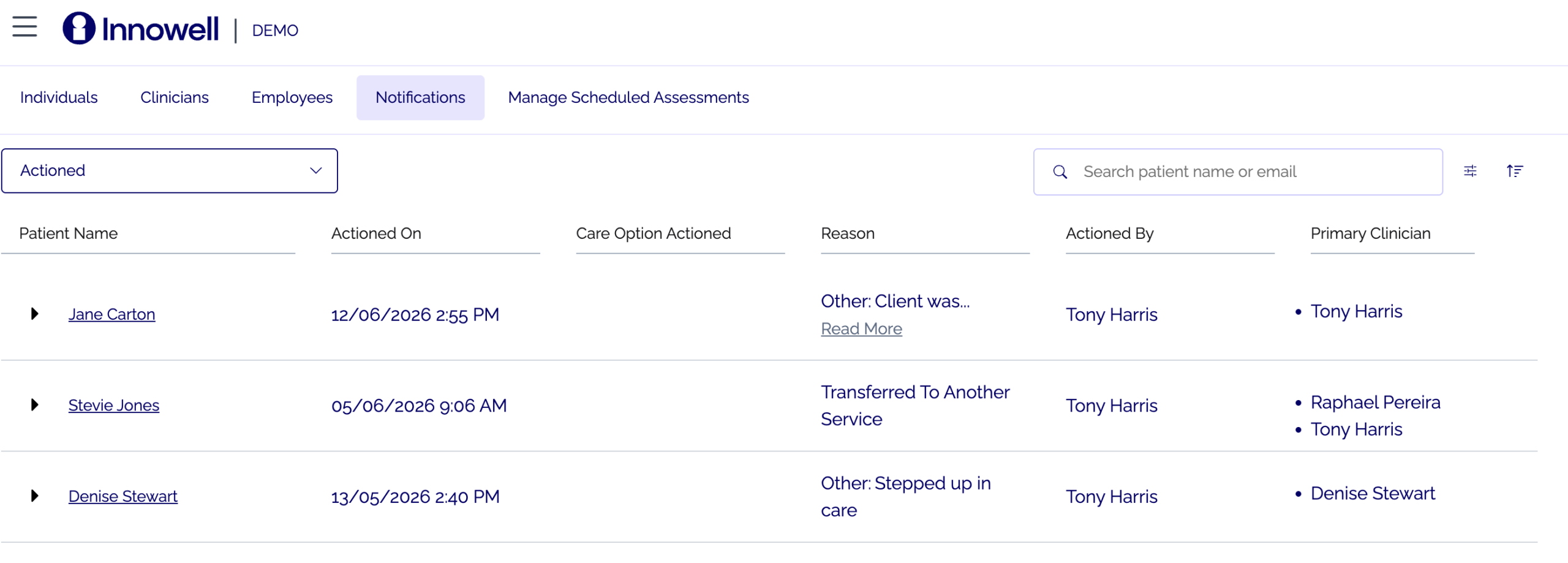 Innowell Notifications tab — service-level view of STB notifications