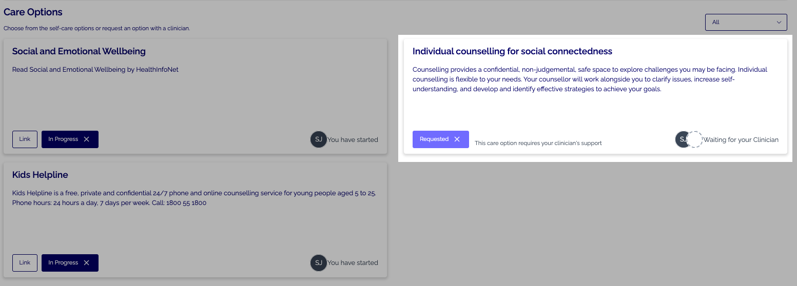 Innowell client view — care option waiting for clinician after requesting support