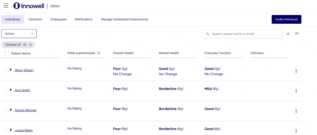 Innowell Individuals tab — assigning a client to a clinician