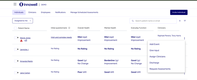 Innowell client row — three-dots quick actions menu