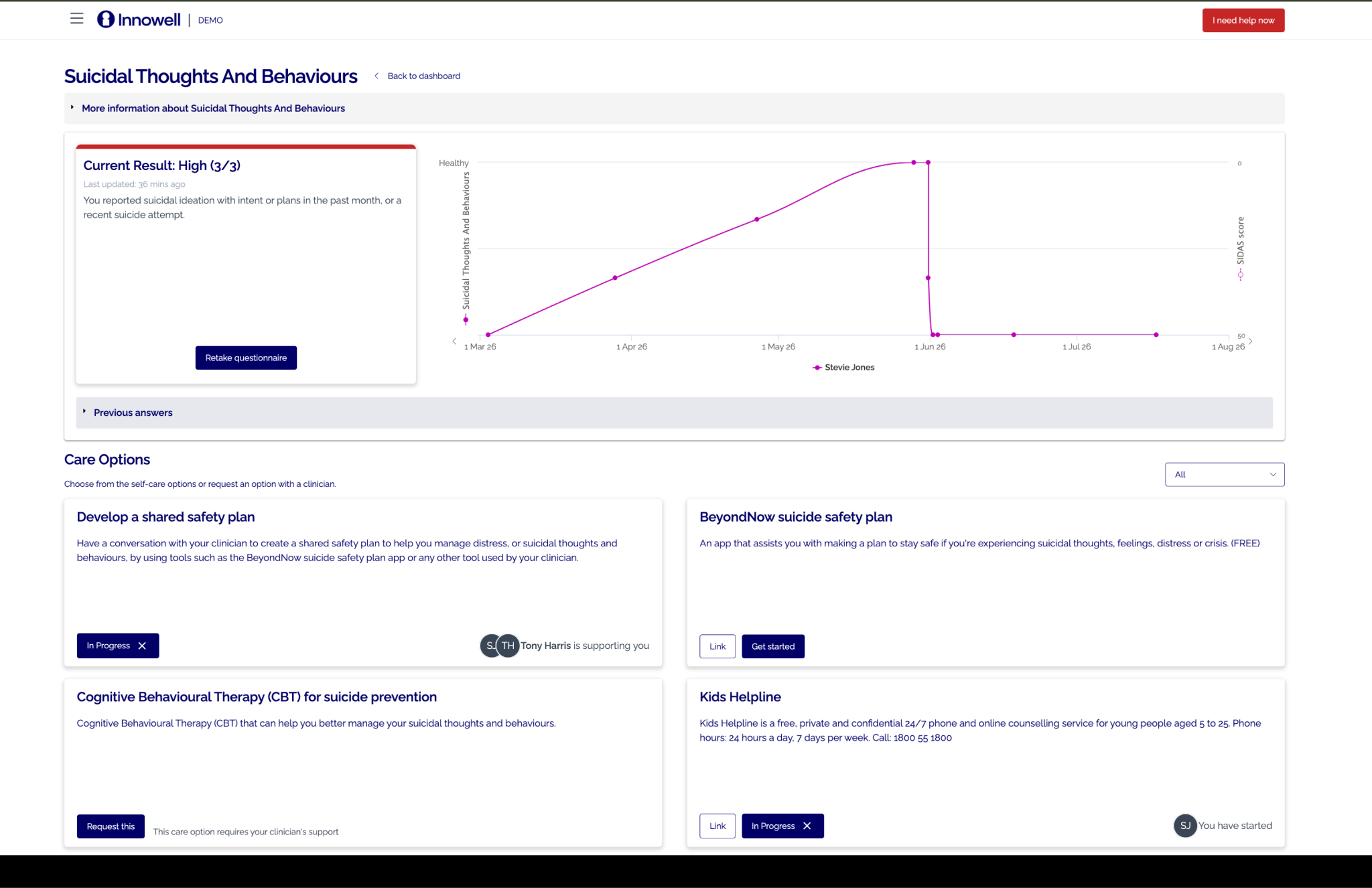 Innowell health domain card — related care options and assessment results