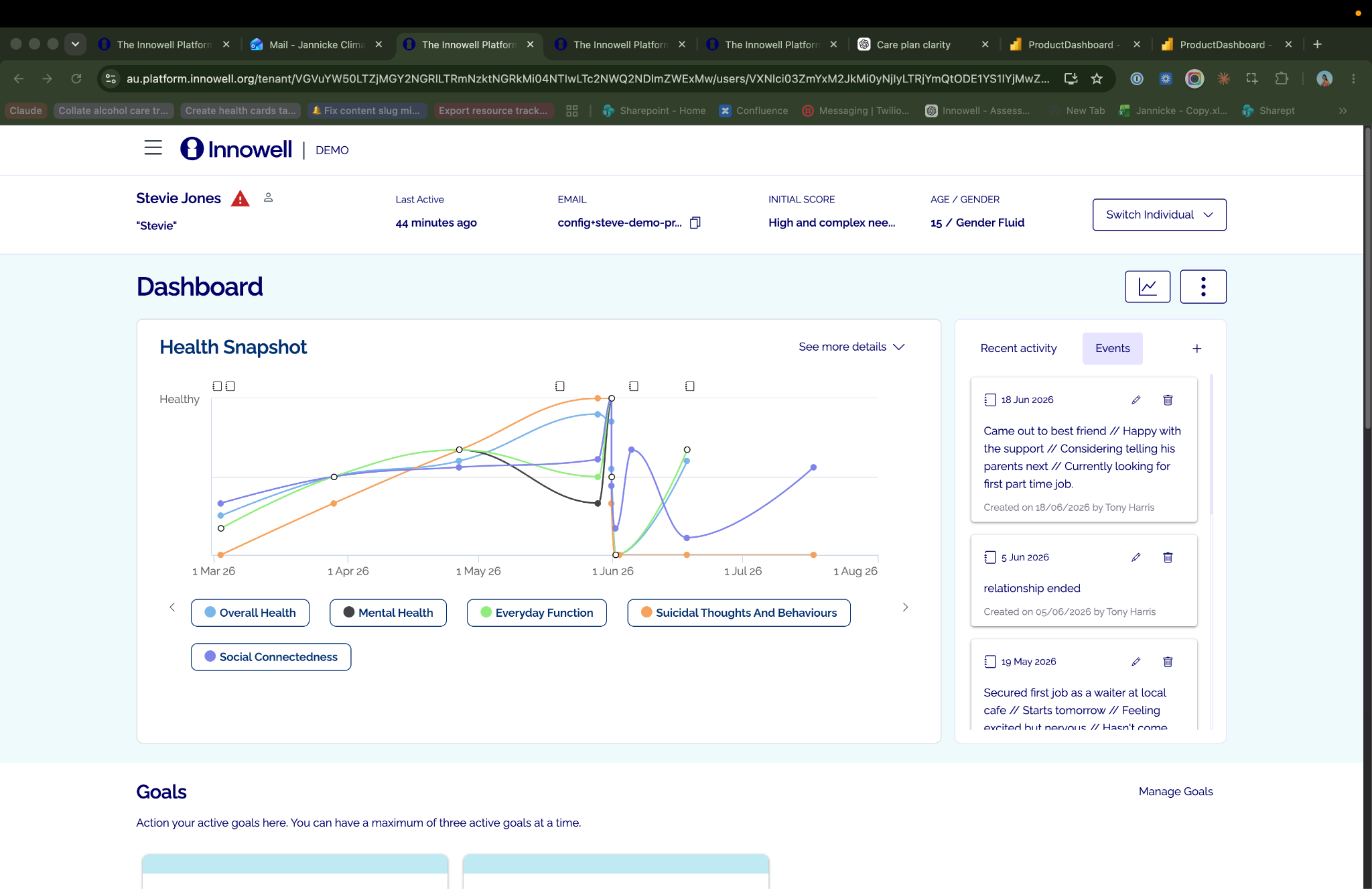Innowell client timeline — adding an event to capture context on the Health Snapshot